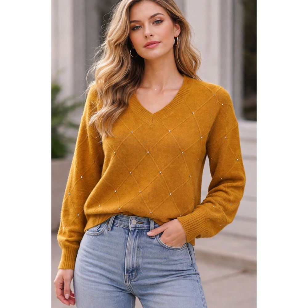 Liz Claiborne Mustard Yellow Sweater Medium Beaded Diamond Knit normcore party‎